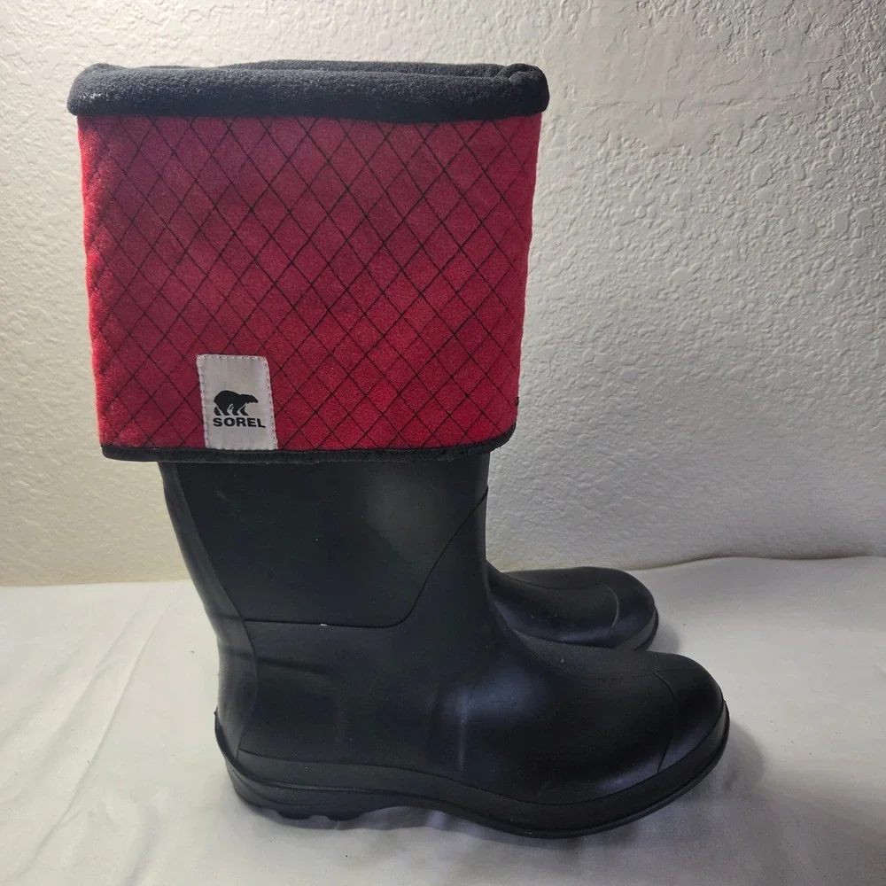 Sorel Black Rubber Red Quilted Felt Fleece Lined Rain Boots Mens 11 Canada Made